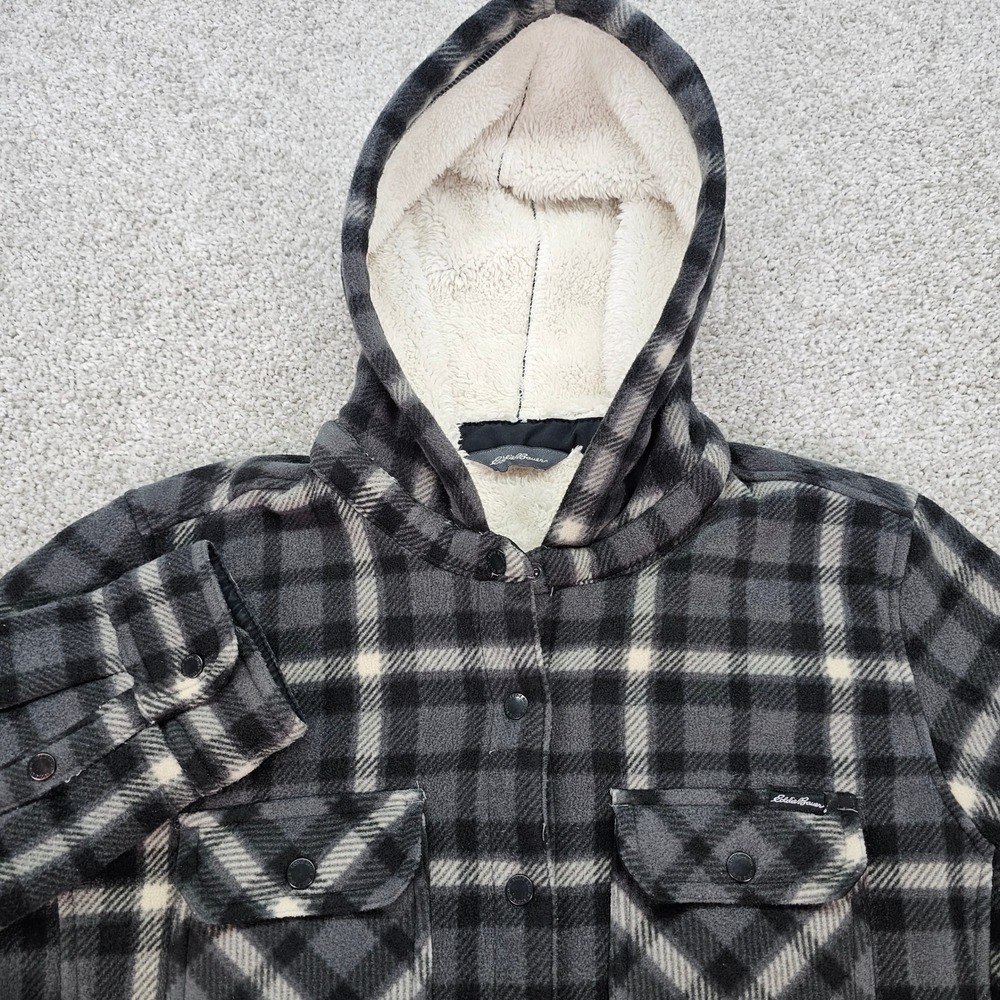Eddie Bauer Women's Plaid Fleece Sherpa Lined Hooded Shirt Jacket
Size L